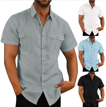 2023, Модные мужские хлопчатобумажные льняные рубашки с короткими рукавами, Летние мужские однотонные рубашки со стоячим воротником, повседневные мужские рубашки в пляжном стиле