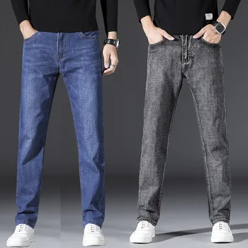 2023 Новые осенне-зимние плотные джинсы Мужские Стрейчевые Прямые Свободные Повседневные Универсальные модные длинные брюки