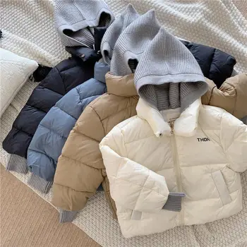 2023 Новый Зимний Малыш, Корейский стиль, Вязаная Лоскутная куртка с капюшоном, пальто, утепленная Верхняя одежда на 2-7 лет