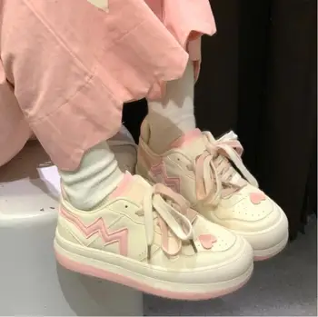 2023New Японские повседневные парусиновые кавайные розовые женские кроссовки на плоской подошве, спортивная обувь на платформе, вулканизированная мода для бега, тенниса в стиле Лолиты