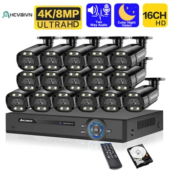 8MP 16CH POE NVR Kit 4K CCTV Security Camera System Ai Human Detect Color Night Водонепроницаемый 2 Аудио Комплекта Видеонаблюдения P2P