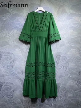 Seifrmann Высококачественное Осеннее женское модное длинное платье для подиума с коротким рукавом и вырезами зеленого цвета с большим размахом и оборками на подоле