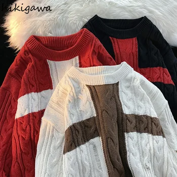 Sueter Mujer Корейская Мода Негабаритные Пуловеры Осенне-Зимняя Одежда Вязаный Повседневный Свитер В рубчик Y2k Топы Уличная Одежда BF Джемпер