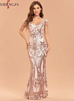 YIDINGZS, Элегантное платье Макси с V-образным вырезом и бусинами, женское вечернее платье с розовыми блестками, вечернее платье 2021