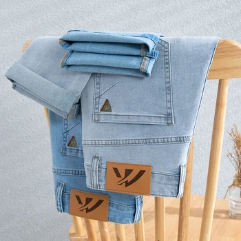 Брендовые джинсы 2023 Весна-лето, новый дизайн, мужские свободные прямые тонкие джинсы, мужские деловые повседневные хлопчатобумажные брюки из эластичного денима
