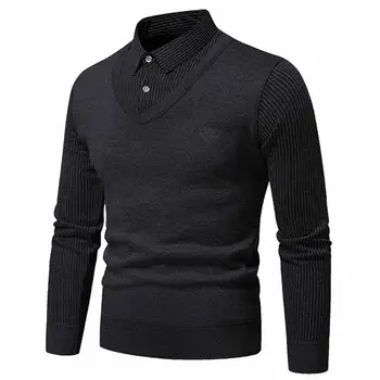 Вязаный мужской свитер Стильный мужской деловой свитер, пуловер с лацканами в полоску, приталенного кроя, мягкий теплый вязаный дизайн для осени/зимы