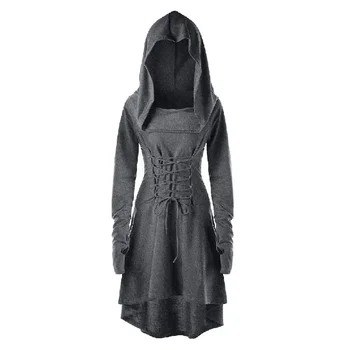 Готическая Ведьма, Эльфийское Мини-платье с длинными рукавами и капюшоном, Костюм на Хэллоуин, Ниенна, халат на шнуровке, Туника с высоким вырезом, Плюс Размер