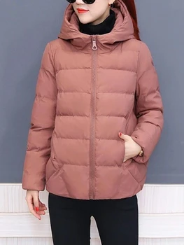 Женская куртка В корейском стиле, Короткая хлопчатобумажная куртка с капюшоном, парка, Зимняя Ветрозащитная Теплая верхняя одежда, однотонное зимнее пальто Оверсайз на молнии