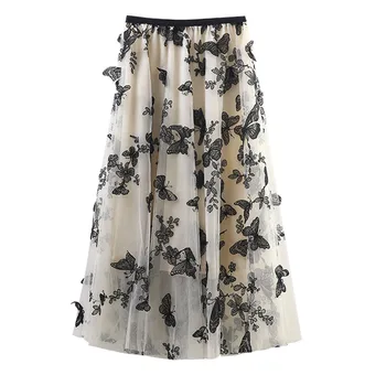 Женские юбки Лето 2023, газовая юбка с эластичным поясом и вышивкой бабочкой, пригодная для ношения в любое время года, дышащие юбки трапециевидной формы