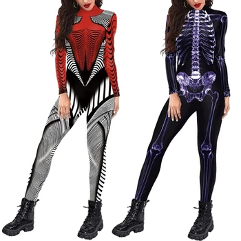Женский комбинезон на Хэллоуин, боди, косплей, 3D череп, скелет, идеально подходит для вечеринок на Хэллоуин