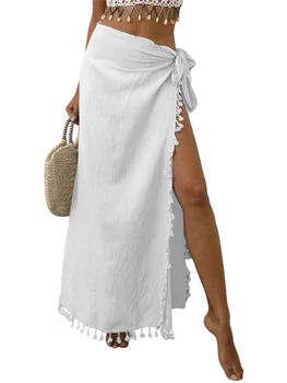 Женский купальник 9 цветов, однотонный, с кисточками, Прозрачная юбка с разрезом на завязках, с высокой талией, пляжная одежда для дам