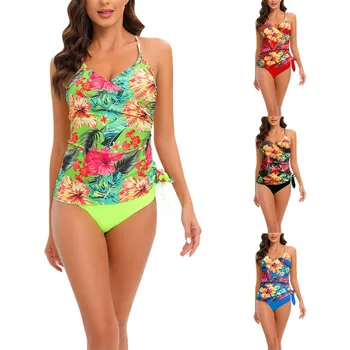 Женский летний пляжный модный раздельный купальник с цветочным принтом в виде листьев большого размера