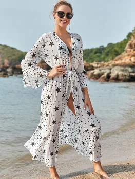 Женский шифоновый кардиган со звездным принтом, с длинными рукавами и оборками, кимоно-туника, пляжный купальник, накидки, пляжное платье, наряды Q1170