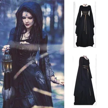 Женское средневековое платье в винтажном стиле, готическая одежда для косплея длиной до пола, ретро Длинные платья с поясом, Vestido Feminino