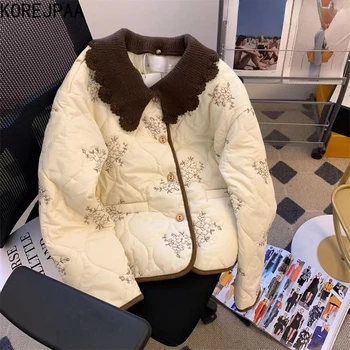 Корейская винтажная одежда с цветочной вышивкой, парки, верхняя одежда, зимняя куртка с отложным воротником, женские пальто с пуговицами в корейской моде