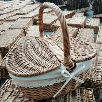 Корзина для хранения из ивового плетения для пикника в кемпинге, Плетеная корзина ручной работы с двойной крышкой, органайзер для фруктов на открытом воздухе