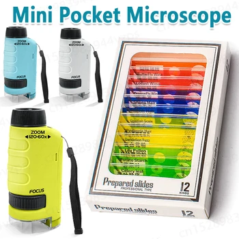 Мини-ручной микроскоп со светодиодной подсветкой 60-120x, Лабораторный Ручной микроскоп на батарейках, Детские развивающие игрушки на открытом воздухе, подарок