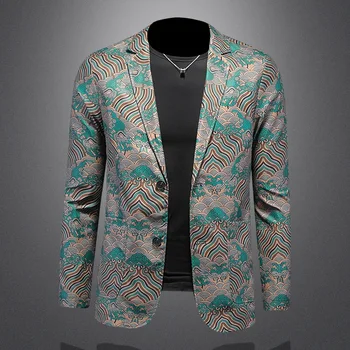 Мужской блейзер с принтом Minglu, высококачественный однобортный деловой повседневный мужской пиджак Slim Fit, мужские пальто