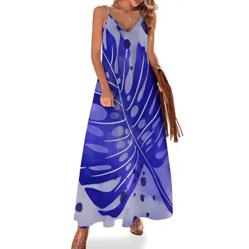 Новое синее платье без рукавов с абстрактными тропическими листьями, вечернее платье, женское элегантное роскошное женское летнее платье, Женские платья