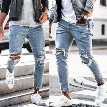 Новые джинсы-скинни, мужская уличная одежда, Уничтоженные рваные джинсы, Homme Hip Hop Broken modis, мужские брюки-карандаш с байкерской вышивкой, нашивки