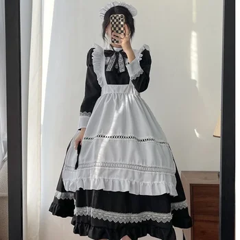 Платье в стиле Лолиты большого размера, униформа горничной для школьниц в стиле аниме, готическая Лолита, Черно-белое средневековое платье, фартук с длинным рукавом, наряды
