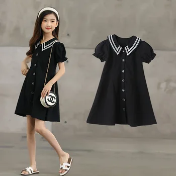 Повседневное платье с короткими рукавами для девочек-подростков 2022, новое детское летнее платье принцессы в стиле колледжа черного цвета