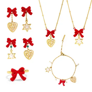 Рождественский бантик в виде печенья, серьги-гвоздики, ожерелье, браслет, кольцо