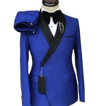 Роскошные синие мужские костюмы, 2 предмета, блестящий черный воротник-шаль, одежда для званого ужина, блейзер, Брюки для жениха, сшитые на заказ, куртка, брюки