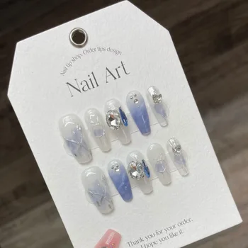 Синий пресс ручной работы на ногтях, Сказочный дизайн ручной краски, Многоразовый Клейкий Искусственный ноготь, Корейское полное покрытие кончиков ногтей, маникюр для девочки