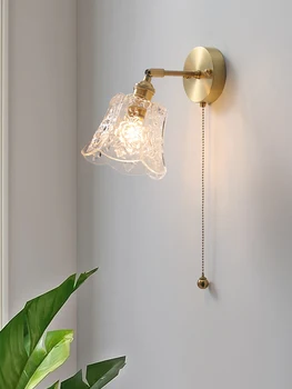 Скандинавский стеклянный настенный светильник Японский винтажный выключатель на молнии бра для прикроватной тумбочки спальни гостиной гостиничного коридора медная лампа