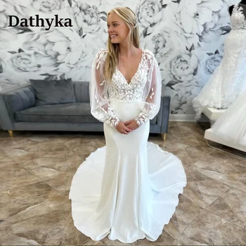 Современные аппликации Dathyka Свадебные платья-трубы 2024 Невесты С длинными рукавами-фонариками, открытой спиной, Атласный шлейф на пуговицах, Персонализированный