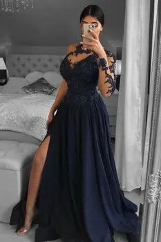 Темно-синие платья для выпускного вечера трапециевидной формы 2023 Года, новинка, аппликация на одно плечо с длинным рукавом, расшитая бисером, шифоновые вечерние платья для вечеринок, платье