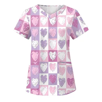 Униформа медсестры на День Святого Валентина, женские топы с коротким рукавом и V-образным вырезом, розовое сердечко, Рабочая униформа, униформа для медицинских сестер, Скрабы, принадлежности