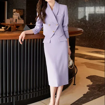 Элегантные фиолетовые женские юбочные комплекты, необычный блейзер + юбка-трапеция, 2 предмета, Темпераментный повседневный жакет, костюм для свиданий, женская юбка